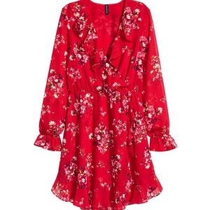 H&M Red floral faux wrap dress